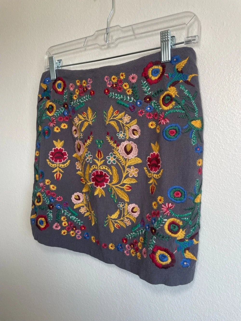 Umgee USA Boho Embroidered Mini Skirt Floral Gray Cotton Linen Medium